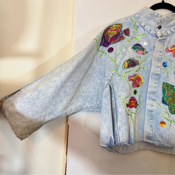 Vtg Torpedo International Aquatic Fish Design Denim Jacket - Picture 7 of 16